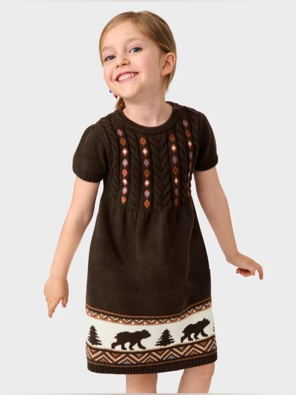 Girls Intarsia Bear Sweater Dress - Montana Mountain - Brown. 
Size 12
